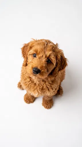 Goldendoodle Puppy Looking Up on White
