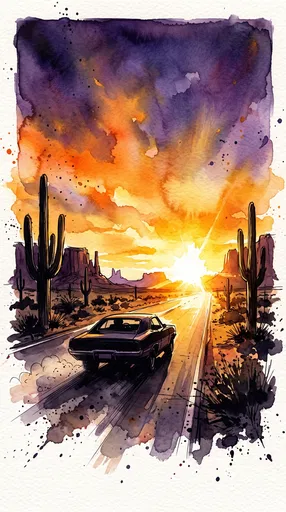 Watercolor Muscle Car on Desert Highway