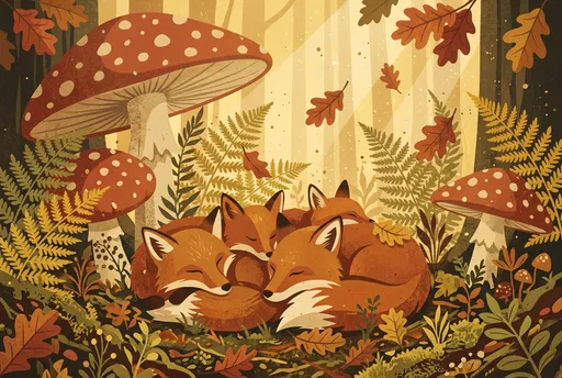 Sleeping Foxes Under Giant Autumn Toadstools
