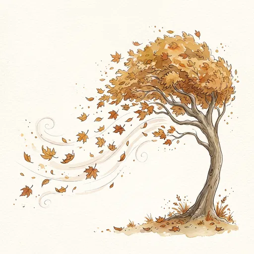 Watercolor Illustration of Wind-Swept Autumn Tree