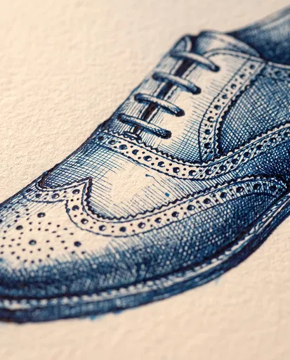 Blue Ink Drawing of Wingtip Shoe