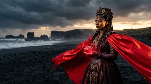 Regal Woman With Red Orb on Beach