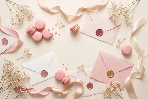 Romantic Pink Macarons and Envelopes Flat Lay