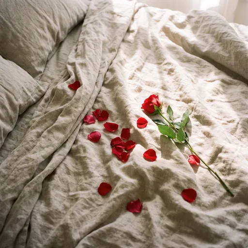 Red Rose and Petals on Linen Bed