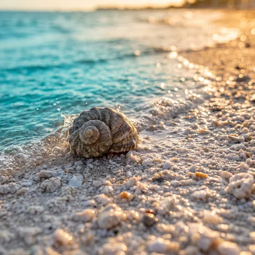 Spiraled Seashell on Coral Sand at Sunset