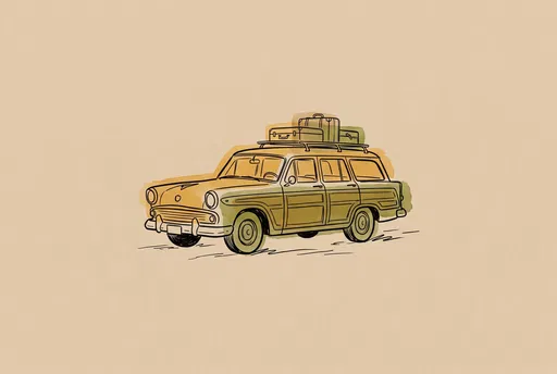 Vintage Station Wagon Line and Wash Illustration