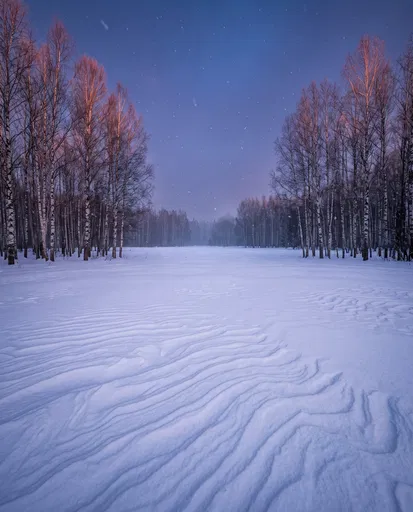 Snowy Birch Forest Clearing at Twilight