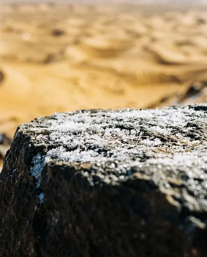 Frosted Boulder Overlooking Golden Desert Dunes