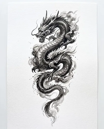 Monochrome Ink Eastern Dragon Illustration