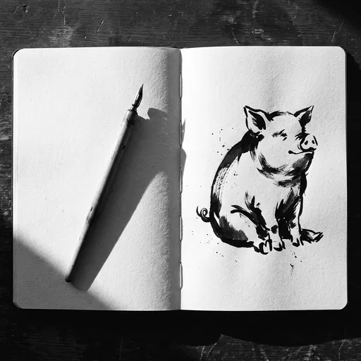 Black Ink Pig Drawing in Open Sketchbook