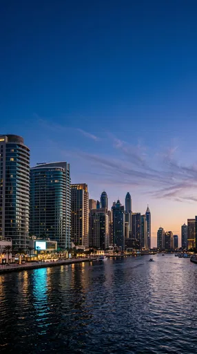 Modern Waterfront Skyline at Twilight Blue Hour