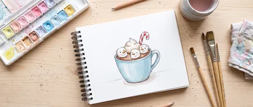 Watercolor Sketch of Marshmallow Snowmen in Cocoa
