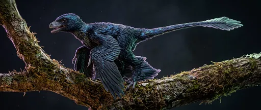 Iridescent Feathered Microraptor Dinosaur on Branch