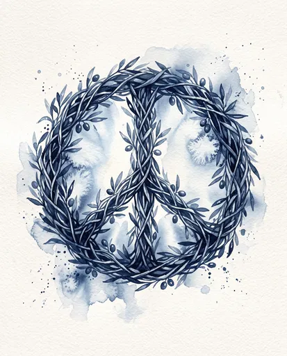 Indigo Watercolor Olive Branch Peace Sign
