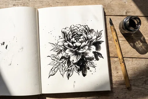 Black Ink Peony Drawing in Open Sketchbook