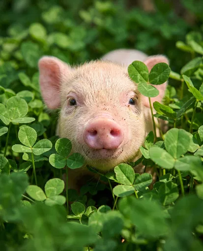Cute Pink Piglet Peeking Through Clover