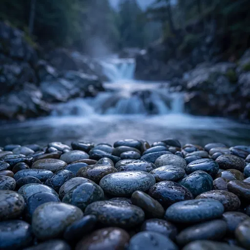 Wet River Pebbles Before Blurred Waterfall