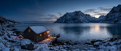 Nordic Fjord Boathouse at Twilight