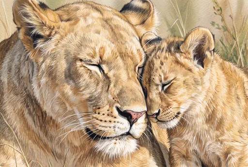 Lioness Nuzzling Her Cub Illustration