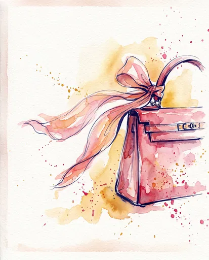 Watercolor Illustration of Pink Handbag with Ribbon