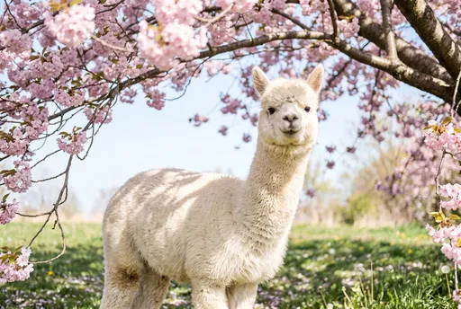 White Alpaca Under Blooming Cherry Blossoms