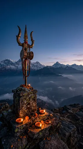 Brass Trishula Shrine Overlooking Himalayan Peaks