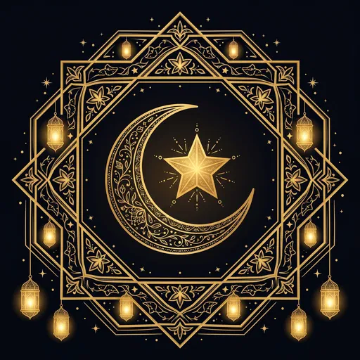 Gold Crescent Moon in Islamic Frame