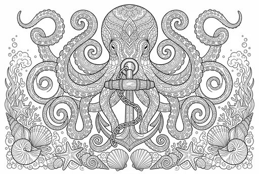 Ornate Octopus and Anchor Coloring Page