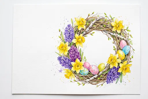 Watercolor Easter Wreath with Spring Flowers