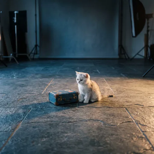 Kitten With Miniature Suitcase in Studio