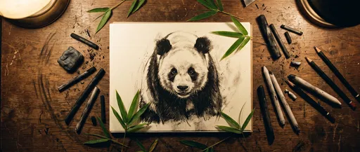 Charcoal Panda Sketch on Artist Desk