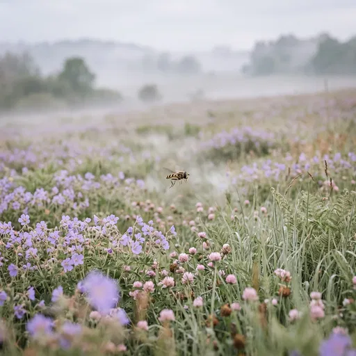 Hoverfly Hovering Over Misty Flower Meadow