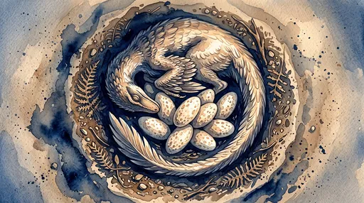 Watercolor Velociraptor Sleeping Around Eggs