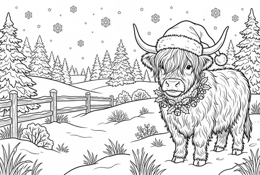 Christmas Highland Cow Coloring Page