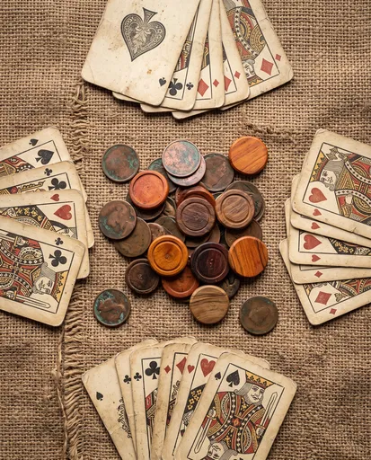 Overhead Vintage Poker Game on Burlap