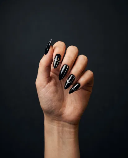 Glossy Black and Silver Stiletto Nails