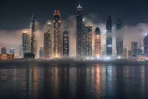 Foggy Illuminated Skyscraper Skyline at Night