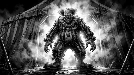 Monochrome Horror Illustration of Menacing Circus Clown
