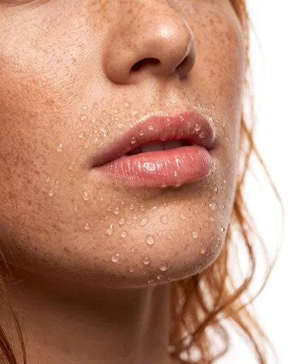 Close-Up of Freckled Face with Water Droplets