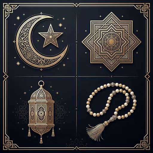 Ornate Gold Islamic Symbols Grid Illustration