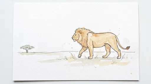 Watercolor and Ink Sketch of Walking Lion
