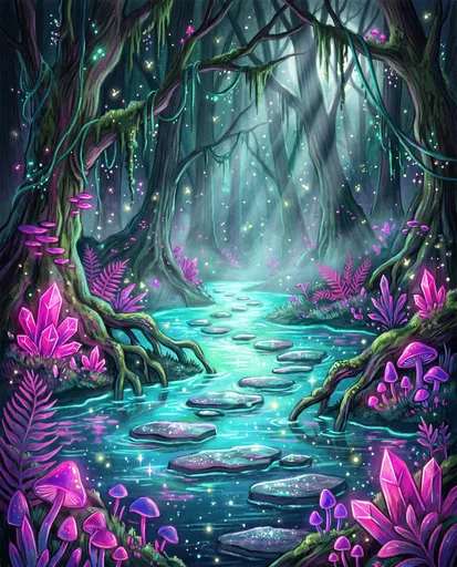 Glowing Fantasy Forest Stream Illustration