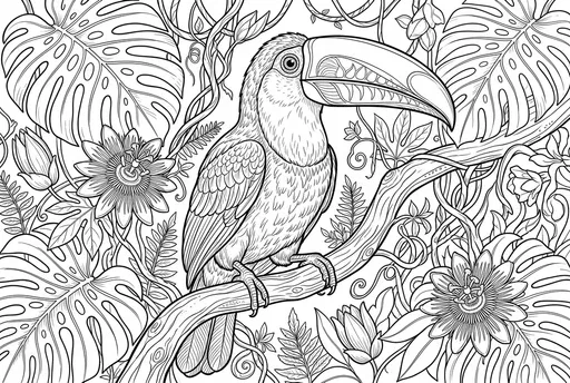Tropical Toucan and Jungle Flora Coloring Page