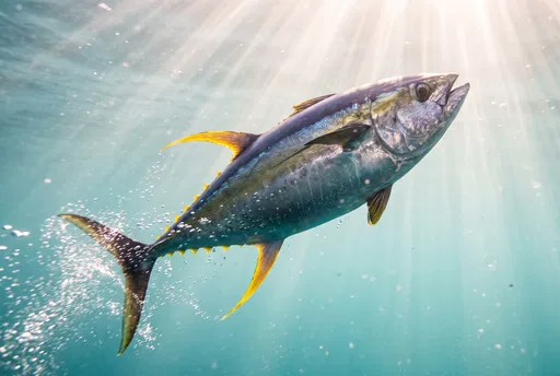 Yellowfin Tuna Swimming in Sunlit Ocean