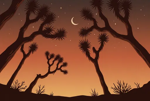 Joshua Trees Silhouetted Against Dusk Sky