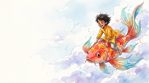 Watercolor Boy Riding Giant Flying Koi