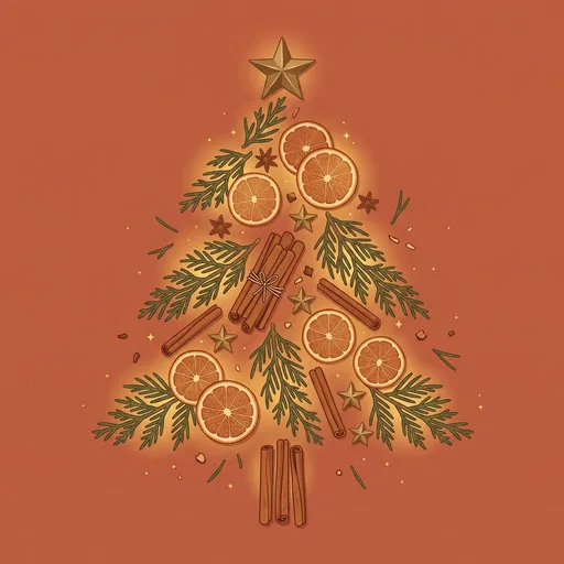 Botanical Christmas Tree Flat Lay Illustration