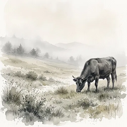 Watercolor Illustration of Grazing Black Cow