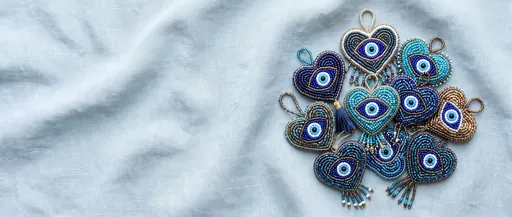 Beaded Evil Eye Heart Charms on Linen