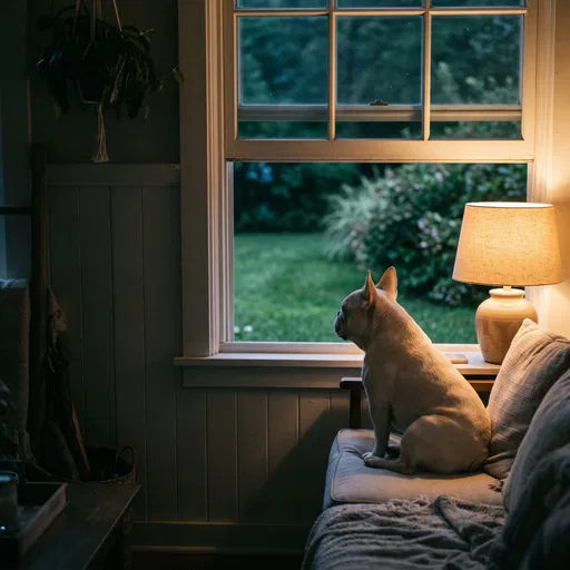 French Bulldog Looking Out Window at Dusk